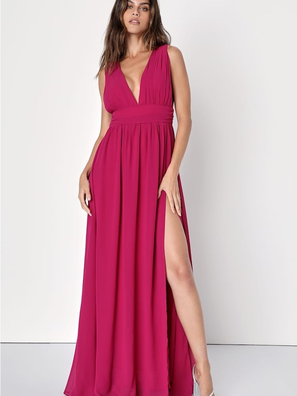 Lulu's Fuchsia Deep V-Neck Maxi Dress with High Side Slit